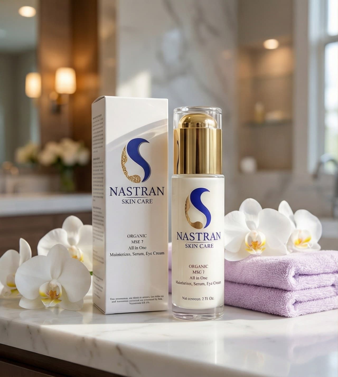 The Organic MSE 7 bottle and its box on a marble bathroom counter beside white orchids